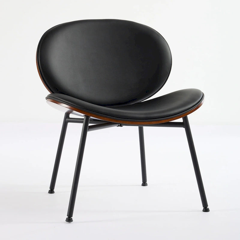 Fauteuil coquille chaise simple trépied en cuir noir fauteuil de salon finition noyer dossier confortable, couleur noire