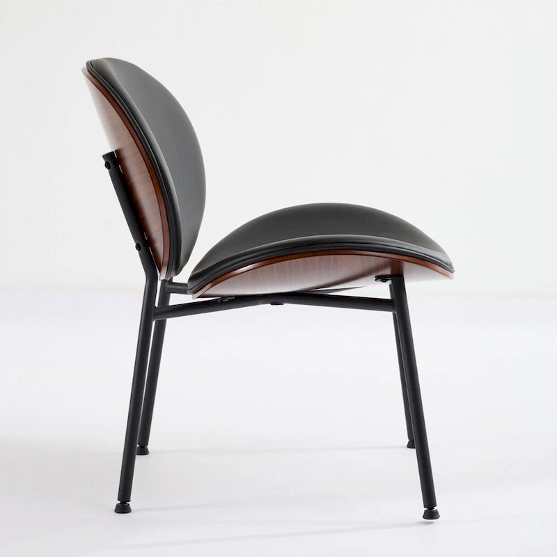 Fauteuil coquille chaise simple trépied en cuir noir fauteuil de salon finition noyer dossier confortable, couleur noire