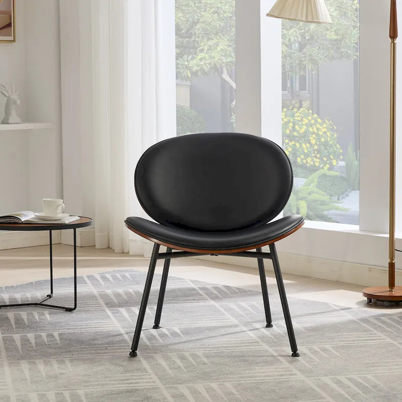 Fauteuil coquille chaise simple trépied en cuir noir fauteuil de salon finition noyer dossier confortable, couleur noire