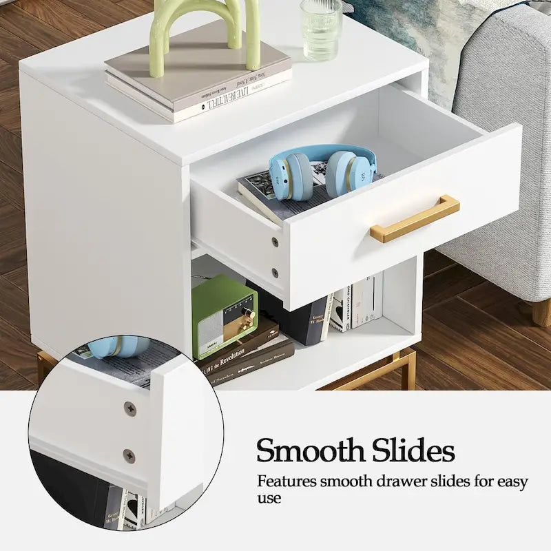 Table de chevet moderne en bois blanc à 1 tiroir avec étagère ouverte (lot de 2)