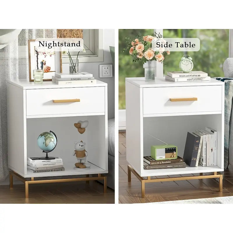 Table de chevet moderne en bois blanc à 1 tiroir avec étagère ouverte (lot de 2)