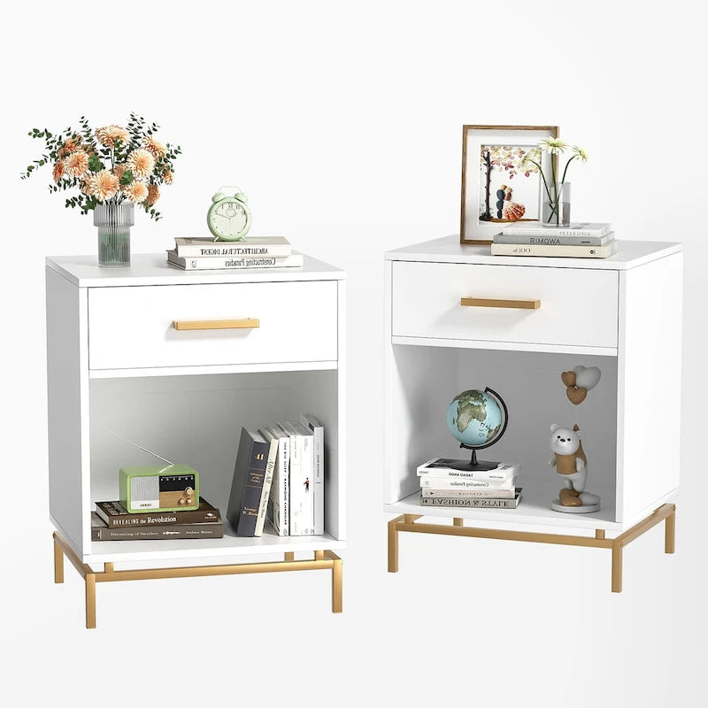 Table de chevet moderne en bois blanc à 1 tiroir avec étagère ouverte (lot de 2)