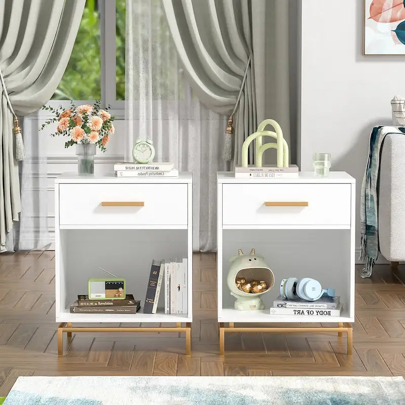 Table de chevet moderne en bois blanc à 1 tiroir avec étagère ouverte (lot de 2)
