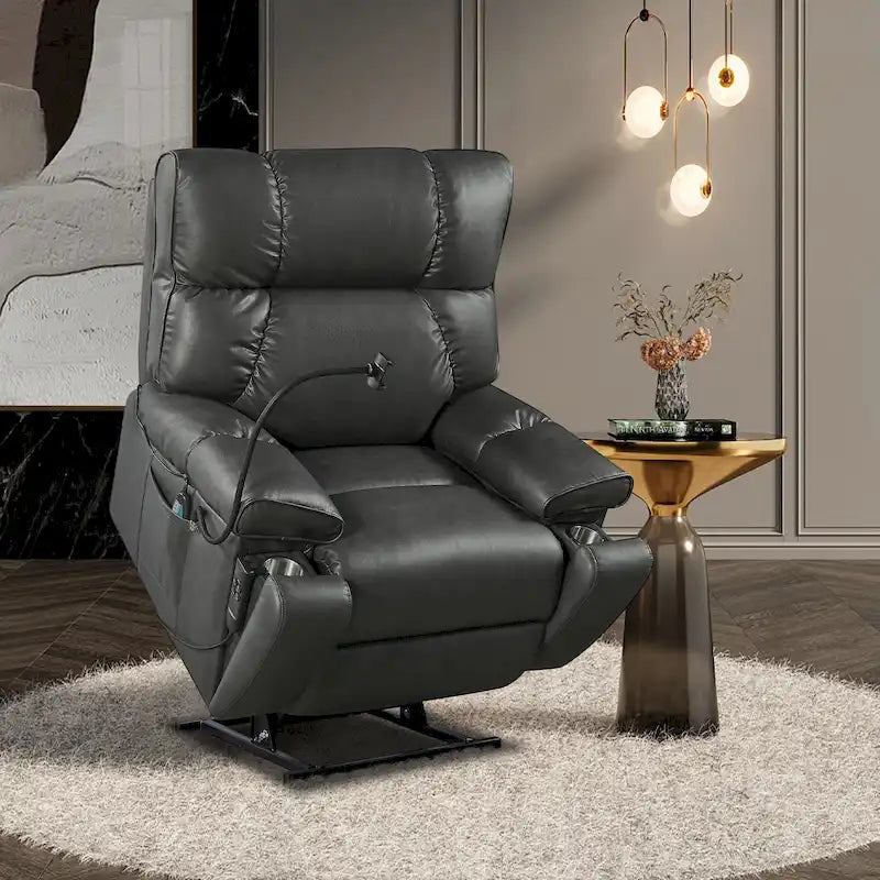 Fauteuil inclinable releveur électrique avec deux moteurs, massage, chaleur, porte-gobelets et support de téléphone réglable
