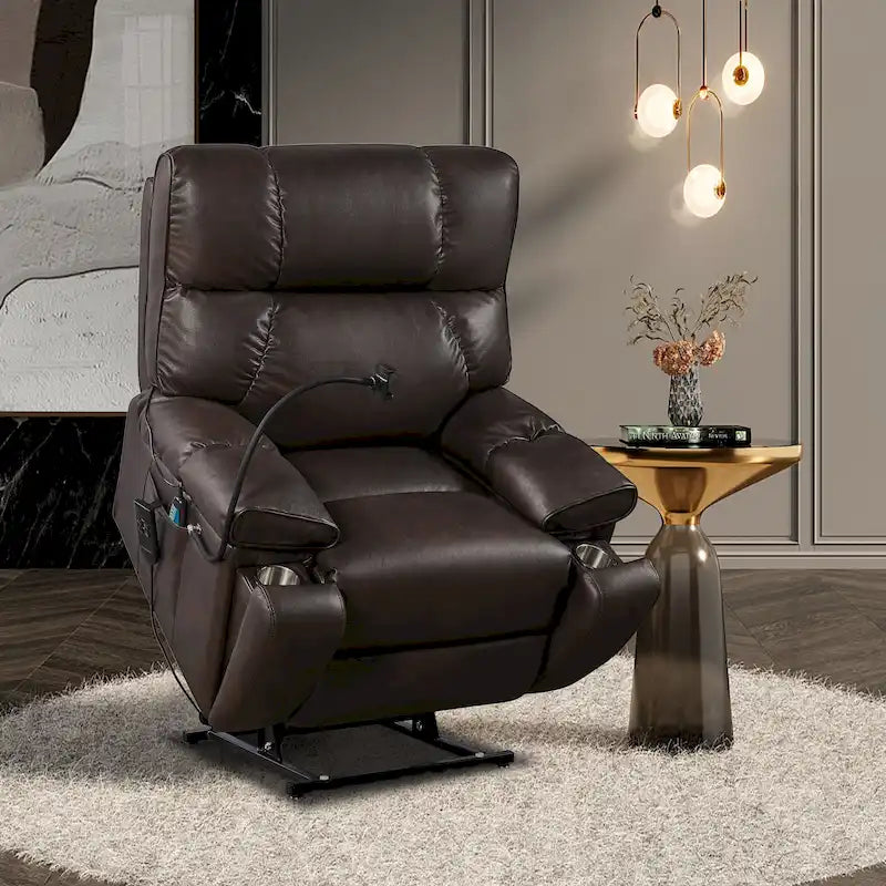 Fauteuil inclinable releveur électrique avec deux moteurs, massage, chaleur, porte-gobelets et support de téléphone réglable