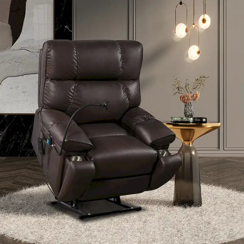 Fauteuil inclinable releveur électrique avec deux moteurs, massage, chaleur, porte-gobelets et support de téléphone réglable