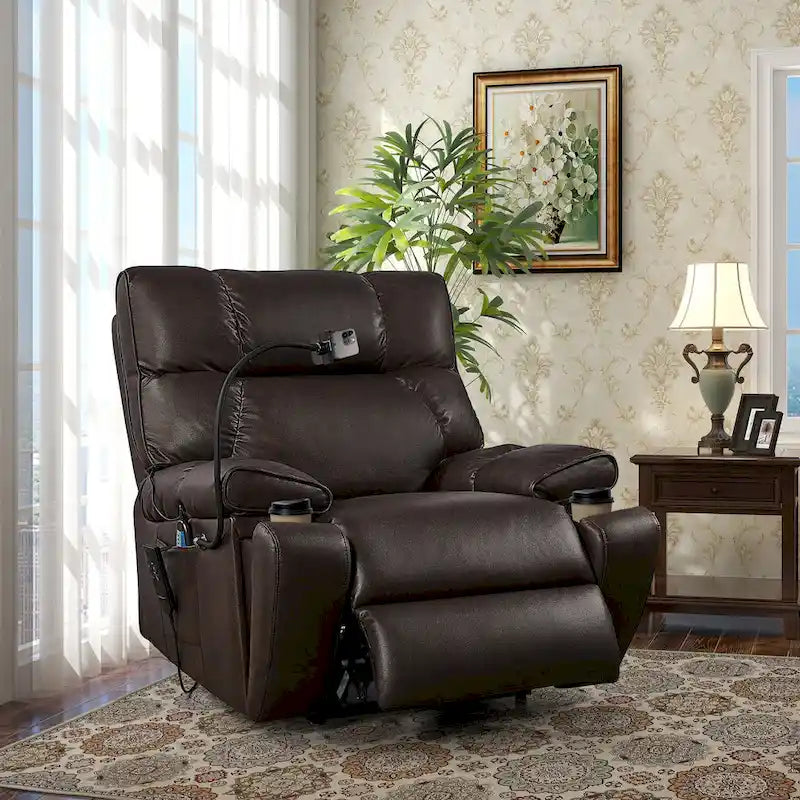 Fauteuil inclinable releveur électrique avec deux moteurs, massage, chaleur, porte-gobelets et support de téléphone réglable