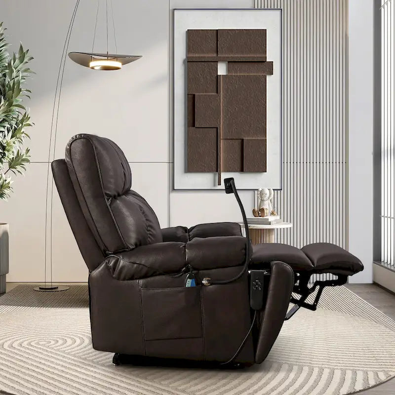 Fauteuil inclinable releveur électrique avec deux moteurs, massage, chaleur, porte-gobelets et support de téléphone réglable