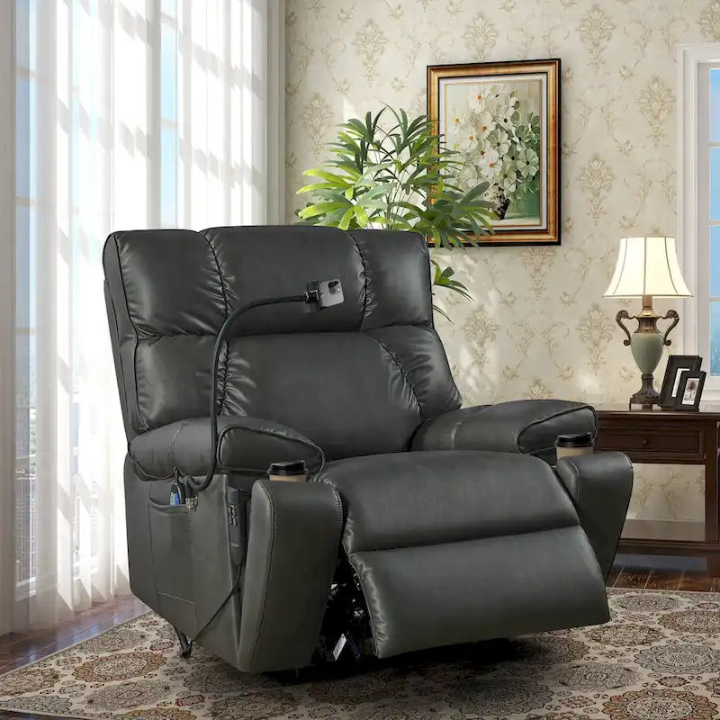 Fauteuil inclinable releveur électrique avec deux moteurs, massage, chaleur, porte-gobelets et support de téléphone réglable