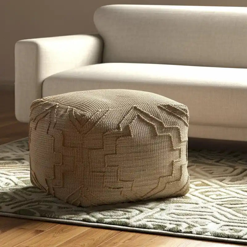 Pouff ottoman cube en mélange de jute naturelle 18" motif quadrilobe