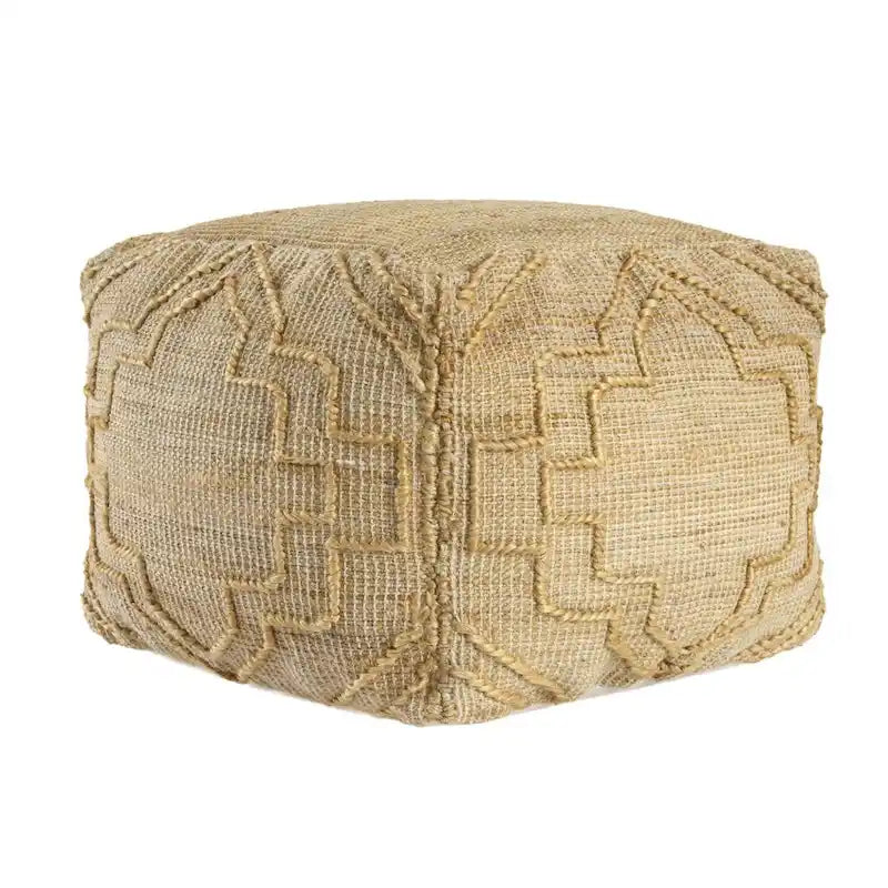 Pouff ottoman cube en mélange de jute naturelle 18" motif quadrilobe
