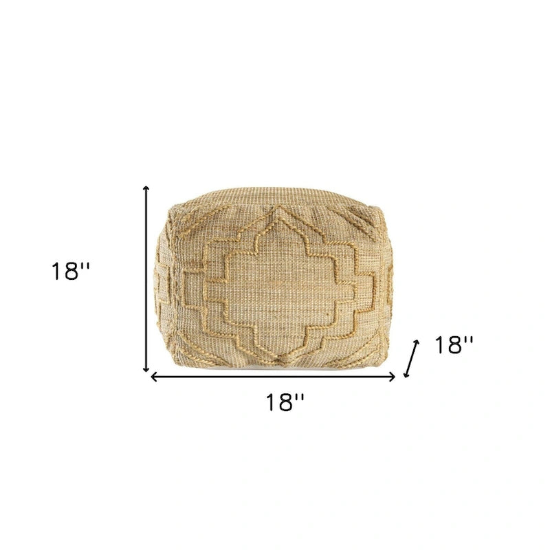 Pouff ottoman cube en mélange de jute naturelle 18" motif quadrilobe