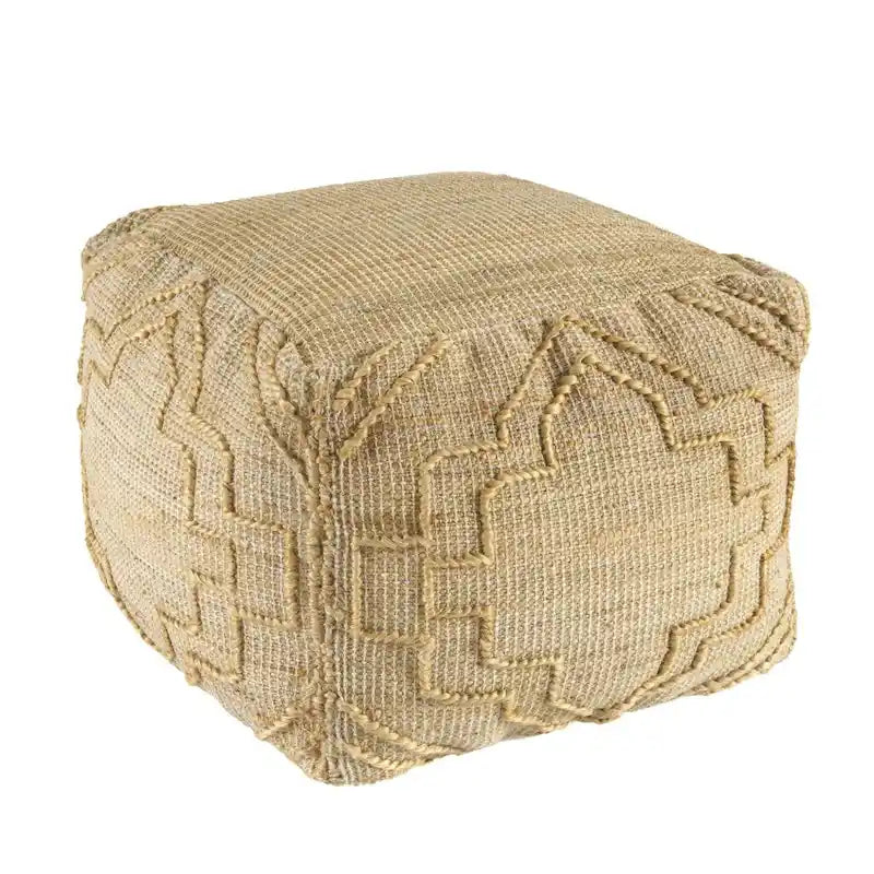 Pouff ottoman cube en mélange de jute naturelle 18" motif quadrilobe