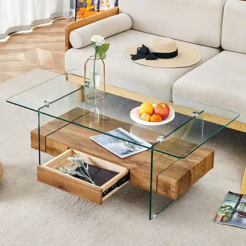 Table basse à double couche de 110 cm avec étagères de rangement ouvertes, tiroirs et plateau en verre