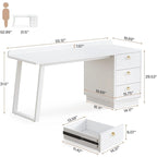 Bureau d'ordinateur blanc avec tiroirs, 140 cm, moderne, pour bureau à domicile avec rangement