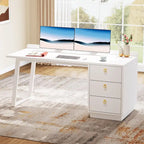 Bureau d'ordinateur blanc avec tiroirs, 140 cm, moderne, pour bureau à domicile avec rangement