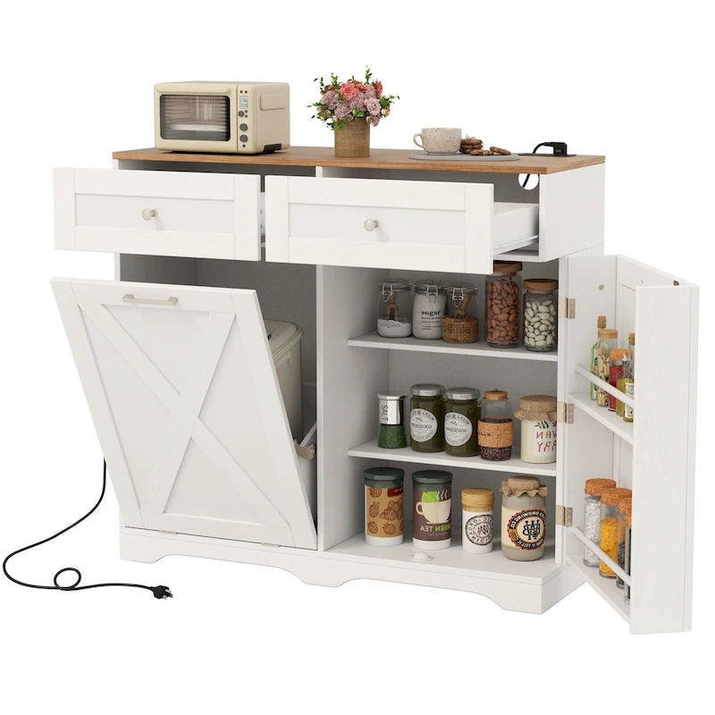 Meuble de cuisine avec poubelle basculante, prises électriques, 2 tiroirs et étagère réglable