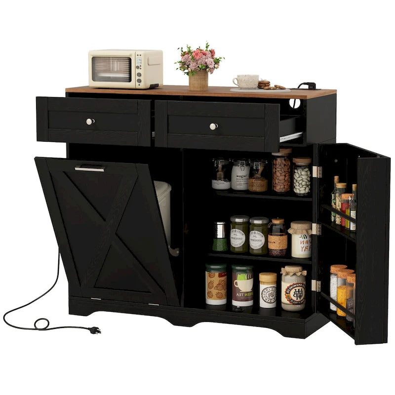 Meuble de cuisine avec poubelle basculante, prises électriques, 2 tiroirs et étagère réglable