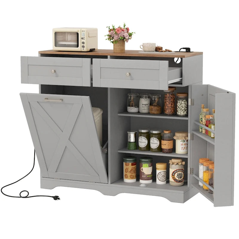 Meuble de cuisine avec poubelle basculante, prises électriques, 2 tiroirs et étagère réglable