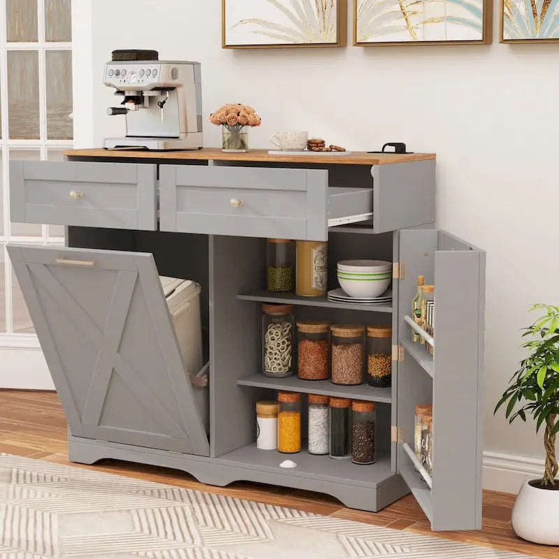 Meuble de cuisine avec poubelle basculante, prises électriques, 2 tiroirs et étagère réglable