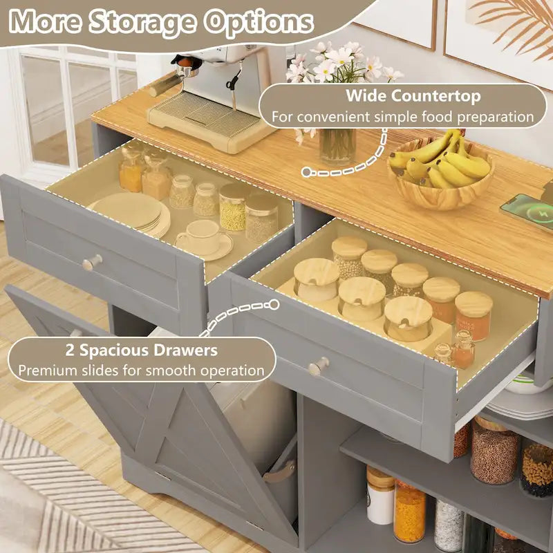 Meuble de cuisine avec poubelle basculante, prises électriques, 2 tiroirs et étagère réglable