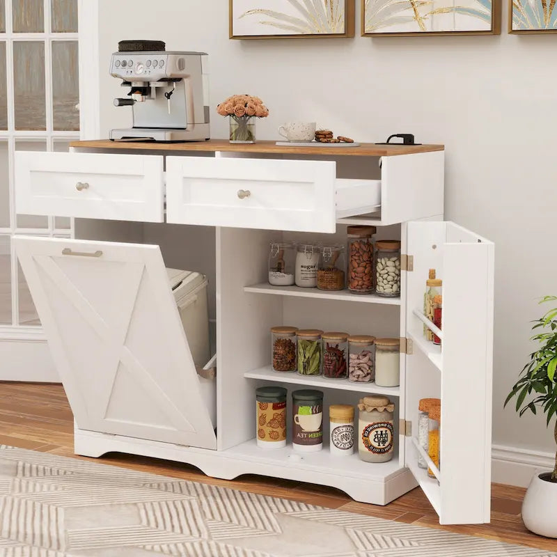 Meuble de cuisine avec poubelle basculante, prises électriques, 2 tiroirs et étagère réglable