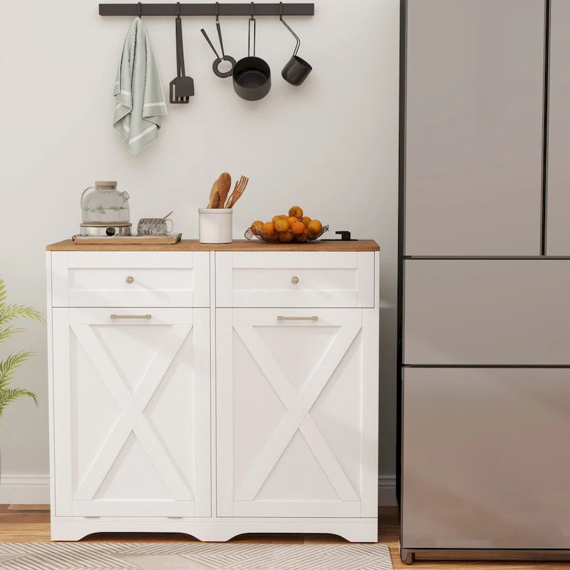 Meuble de cuisine avec poubelle basculante, prises électriques, 2 tiroirs et étagère réglable