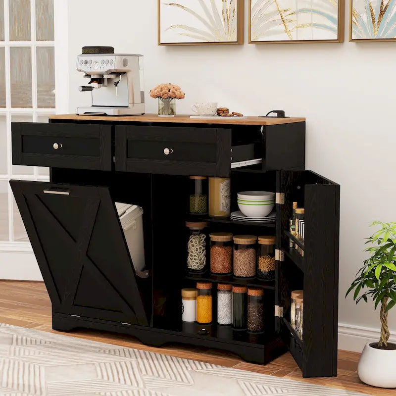 Meuble de cuisine avec poubelle basculante, prises électriques, 2 tiroirs et étagère réglable