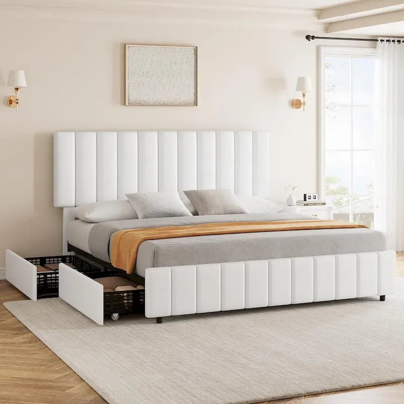 Bed Frame with 4 Storage Drawers and Adjustable Headboard, No Box Spring Needed