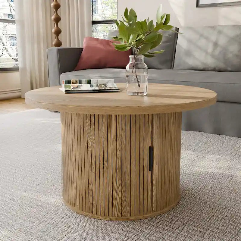Tambour Design Round Coffee Table with Storage Shelf