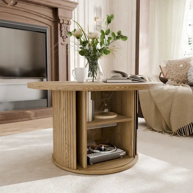 Tambour Design Round Coffee Table with Storage Shelf