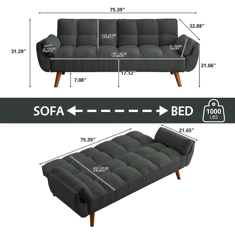 Canapé-Lit Futon 75.39 POUCES, Canapé-Lit Convertible Rembourré avec Dossier Inclinable Tufté et Divisé