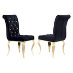 Chaises tapissées de velours avec dossier capitonné orné de cristaux et pieds cabriolets en métal miroir.