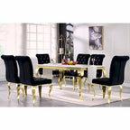 Chaises tapissées de velours avec dossier capitonné orné de cristaux et pieds cabriolets en métal miroir.