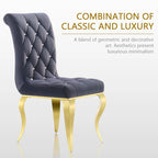 Chaises tapissées de velours avec dossier capitonné orné de cristaux et pieds cabriolets en métal miroir.