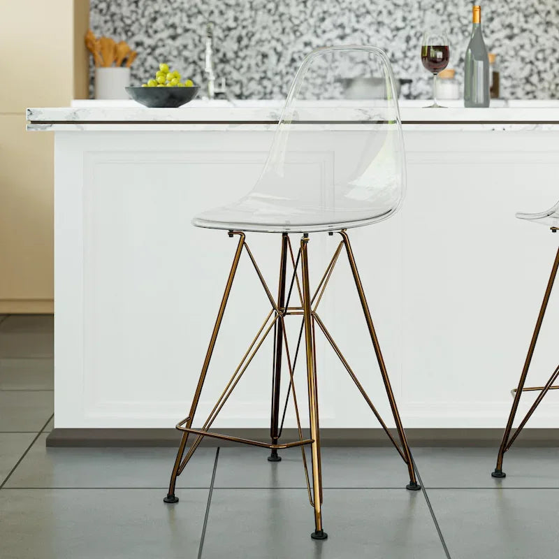 Tabouret de bar en acrylique Cresco avec base et repose-pieds chromés dorés