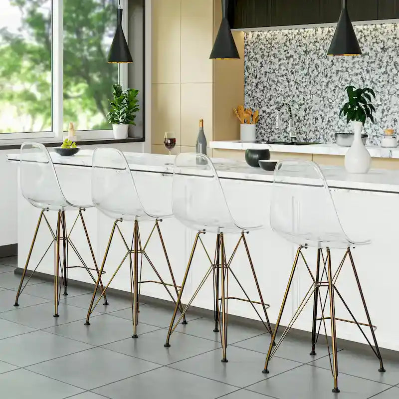 Tabouret de bar en acrylique Cresco avec base et repose-pieds chromés dorés