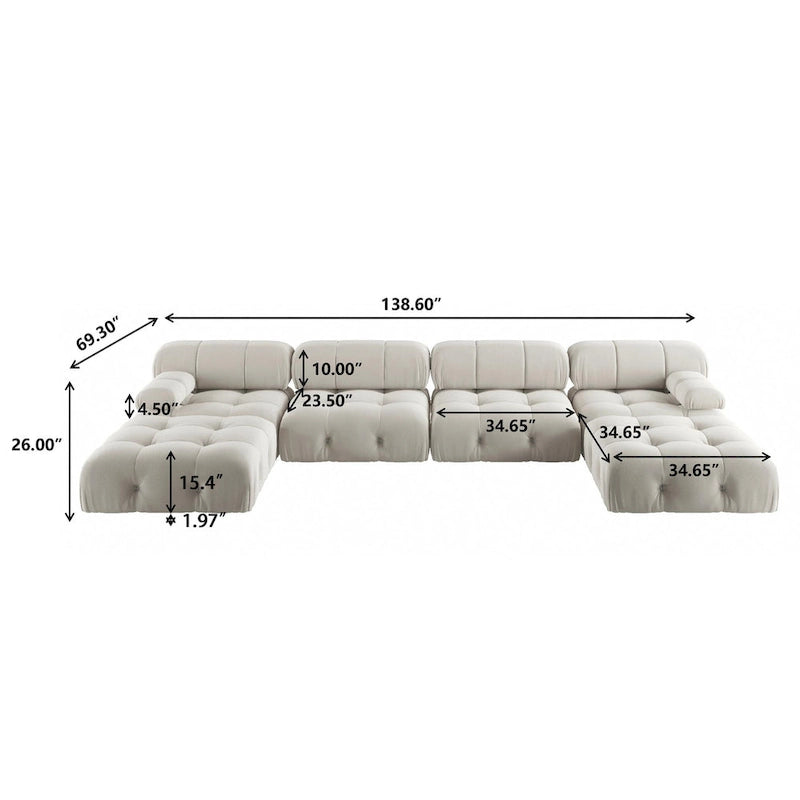 Canapé modulaire sectionnel en velours en U moderne, 6 places, méridienne extra large pour salon