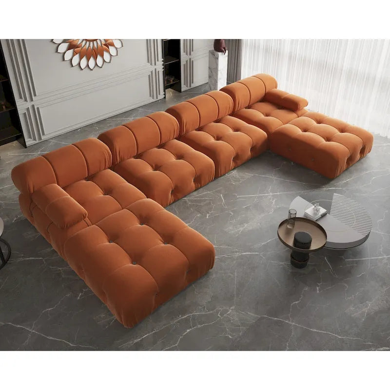Canapé modulaire sectionnel en velours en U moderne, 6 places, méridienne extra large pour salon