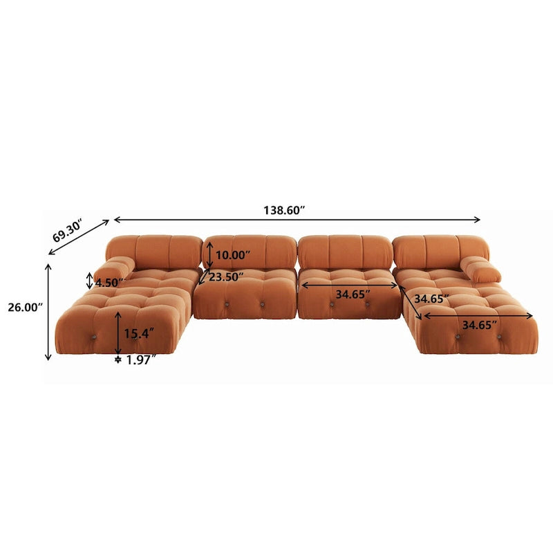 Canapé modulaire sectionnel en velours en U moderne, 6 places, méridienne extra large pour salon