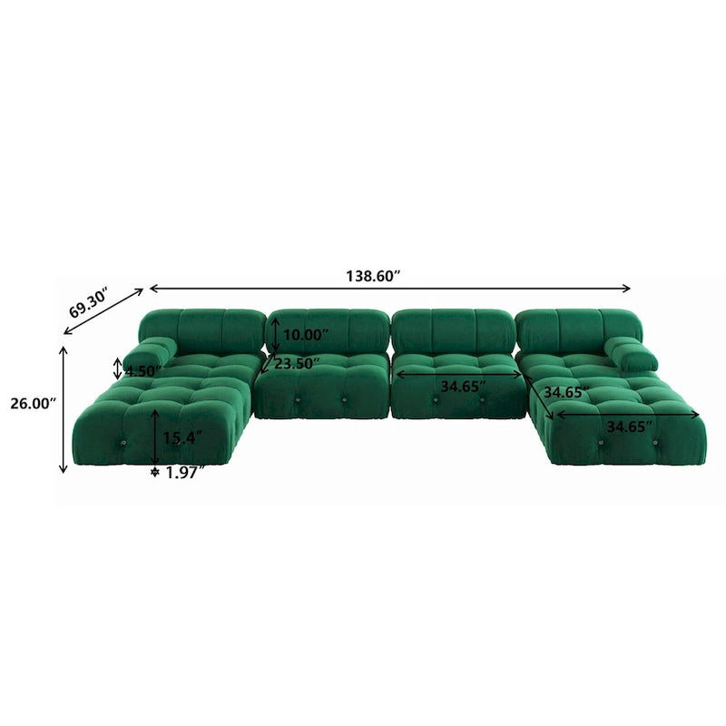Canapé modulaire sectionnel en velours en U moderne, 6 places, méridienne extra large pour salon