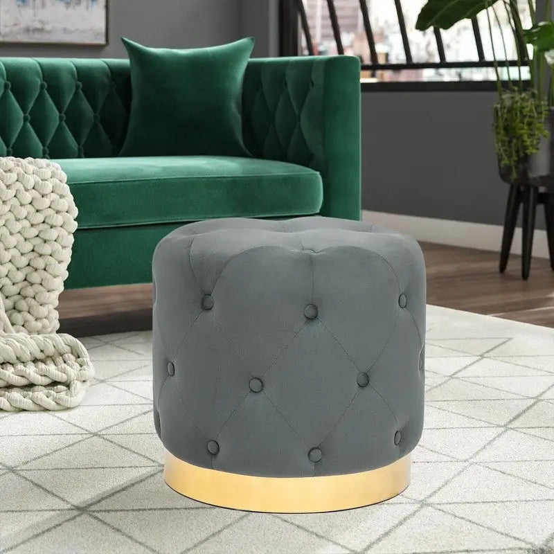 Tabouret de Maquillage Rond en Velours Ottoman avec Base Dorée