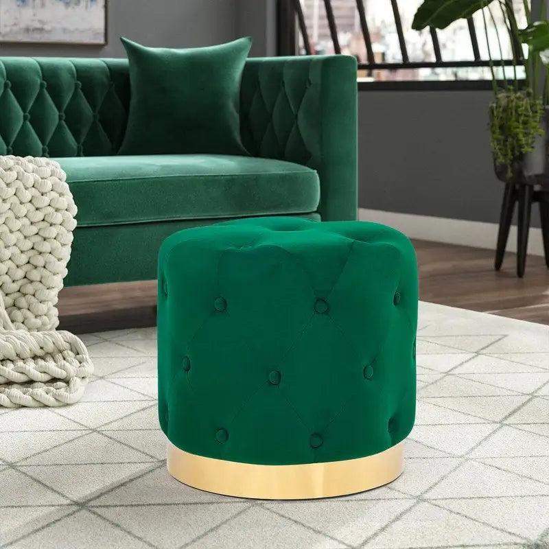 Tabouret de Maquillage Rond en Velours Ottoman avec Base Dorée