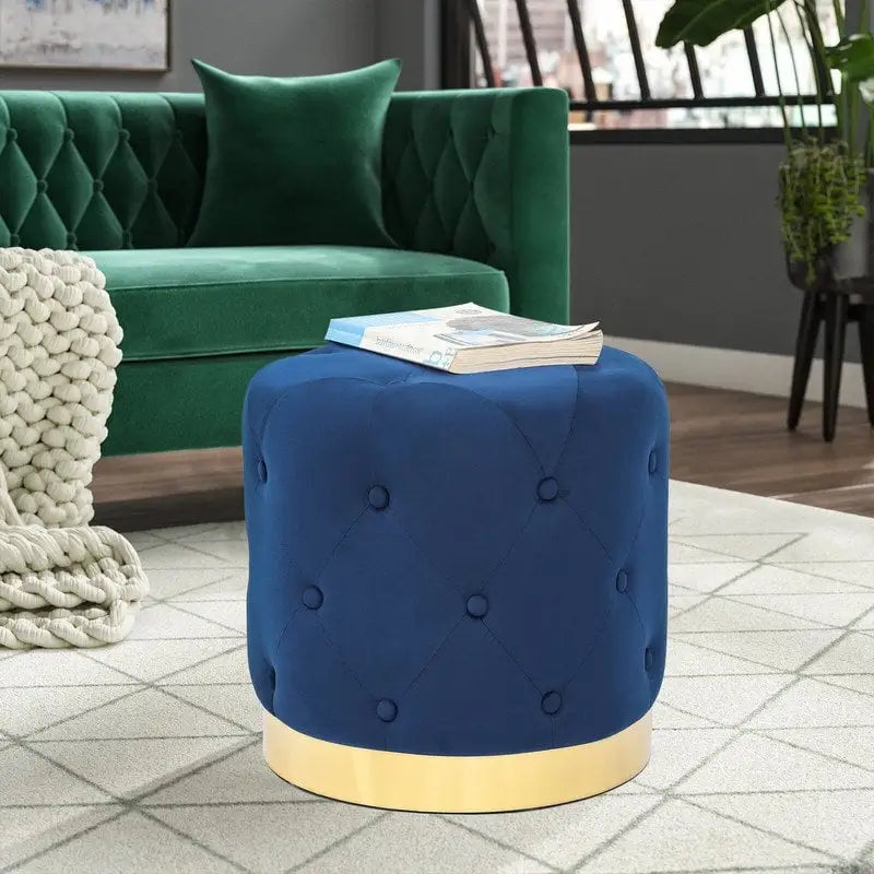 Tabouret de Maquillage Rond en Velours Ottoman avec Base Dorée