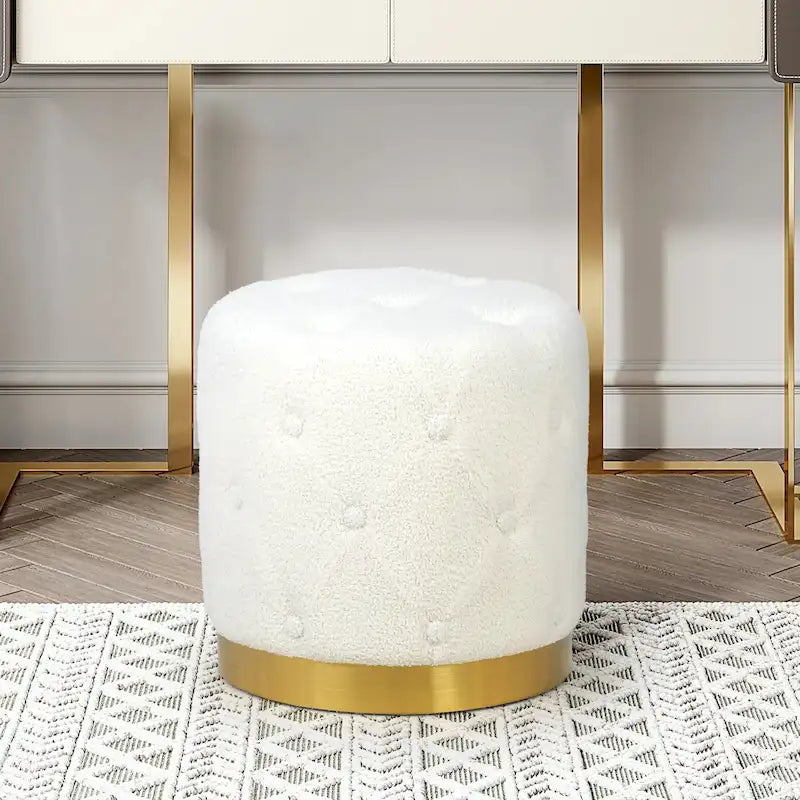 Tabouret de Maquillage Rond en Velours Ottoman avec Base Dorée