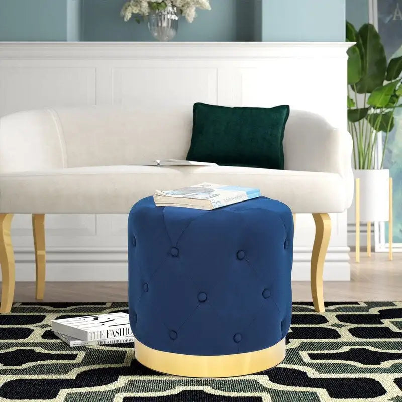 Tabouret de Maquillage Rond en Velours Ottoman avec Base Dorée
