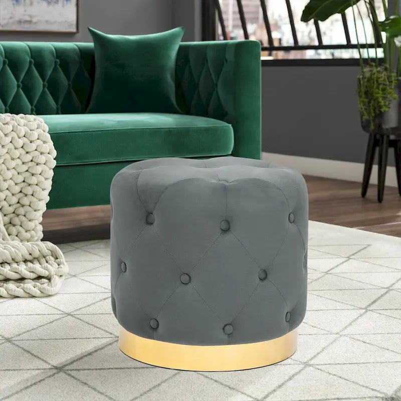 Tabouret de Maquillage Rond en Velours Ottoman avec Base Dorée