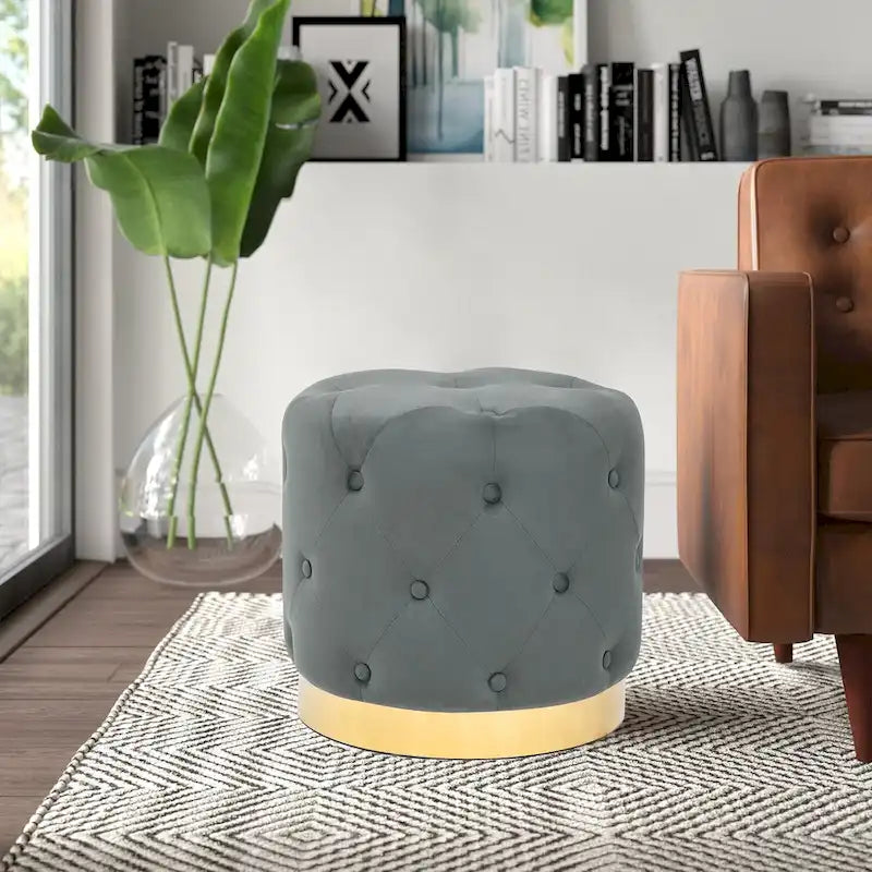 Tabouret de Maquillage Rond en Velours Ottoman avec Base Dorée