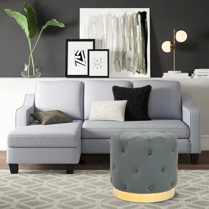 Tabouret de Maquillage Rond en Velours Ottoman avec Base Dorée