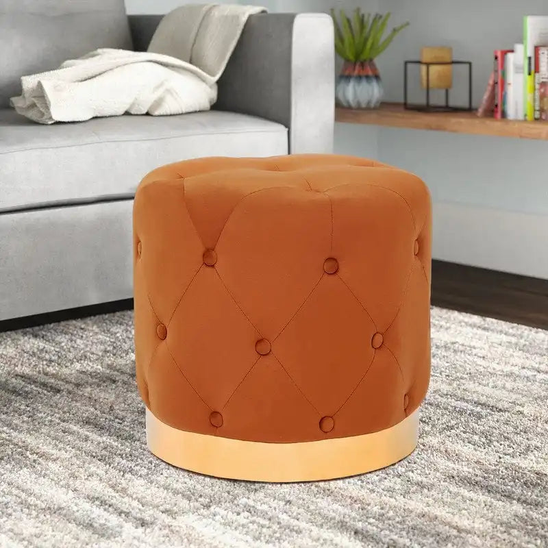Tabouret de Maquillage Rond en Velours Ottoman avec Base Dorée